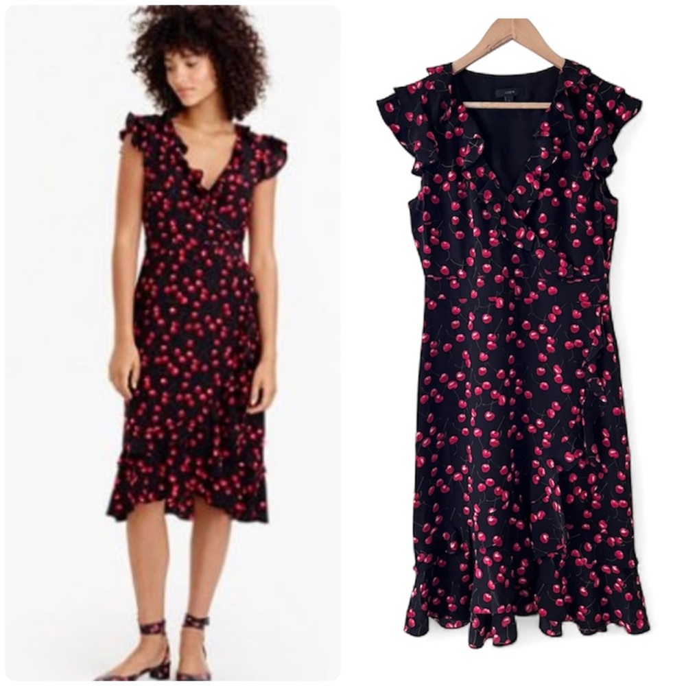 J. Crew F5751 Black Red Cherry Fruit Silk Ruffle Faux Wrap Dress 6
